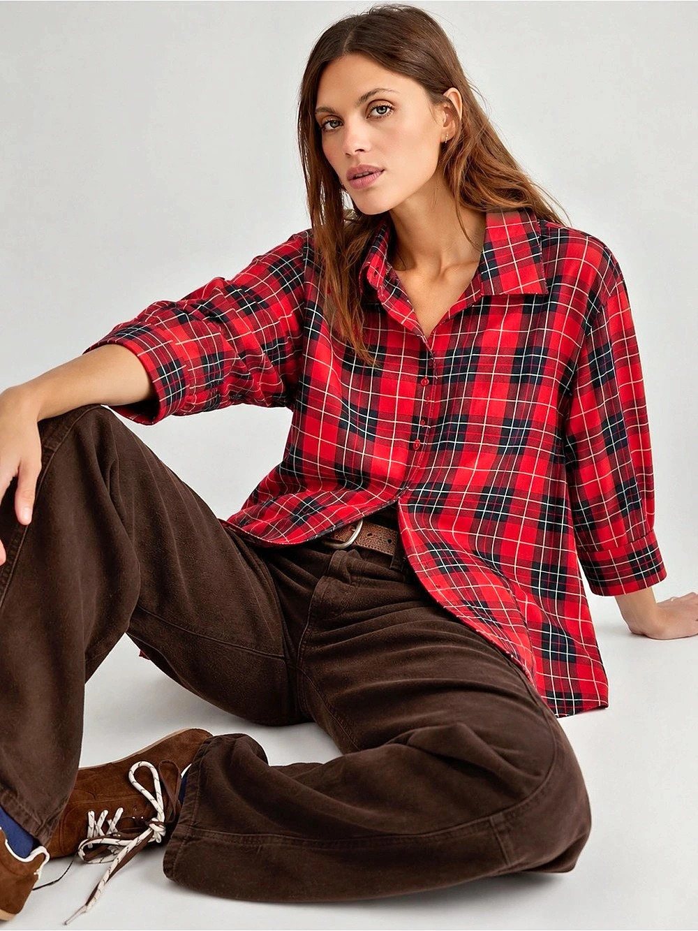 460. ALIA Plaid Button Down Shirt in Red & Black 18W Like New